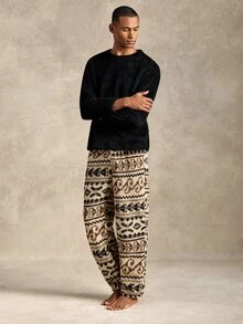 EverLounge Men's Minimalist Basic Black Double-Sided Fleece Top & Pattern Fleece Long Pants Loungewear Set, Autumn/Winter - Multicolor - View 1