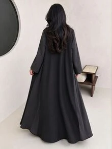 Yasmyna Contrast Color Fine Vertical Stripe Patchwork V-Neck Front Button Long Sleeve Long Arabic Robe Outerwear - Black - View 2