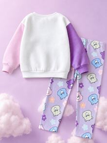 SHEIN X Care Bears 女童休閒圓領長袖運動衫與內搭褲2件套，適合秋冬穿著 - 彩色 - 查看 2