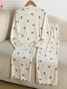 SHEIN Tween女孩可愛甜美極簡彩色小蝴蝶結圖案V領半開襟波浪邊長袖居家舒適睡衣套裝2件組 - 粉色 - 查看 2