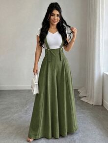 GlowEve Women's Autumn Solid Color Button Design Wide Leg Loose Overalls Jumpsuit - Army Green - View 5