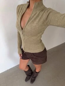Aloruh Women's Casual Ribbed High Neck Zip-Up Long Sleeve Sweater Cardigan, Yellow, Suitable For Everyday Wear And Sports, Autumn/Winter - Khaki - View 2