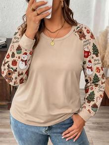 Mellowie Christmas Santa Claus Christmas Tree Print Plus Size Women Casual Raglan Sleeve Crew Neck Loose Fit T-Shirt Suitable For Spring And Autumn, Party Fall - Multicolor - View 4