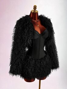 Amplova Women's Cropped Shawl Collar Wool Top, Sexy Avant-Garde Mini Jacket, Suitable For Autumn/Winter Party And Date Outfits - Black - View 1