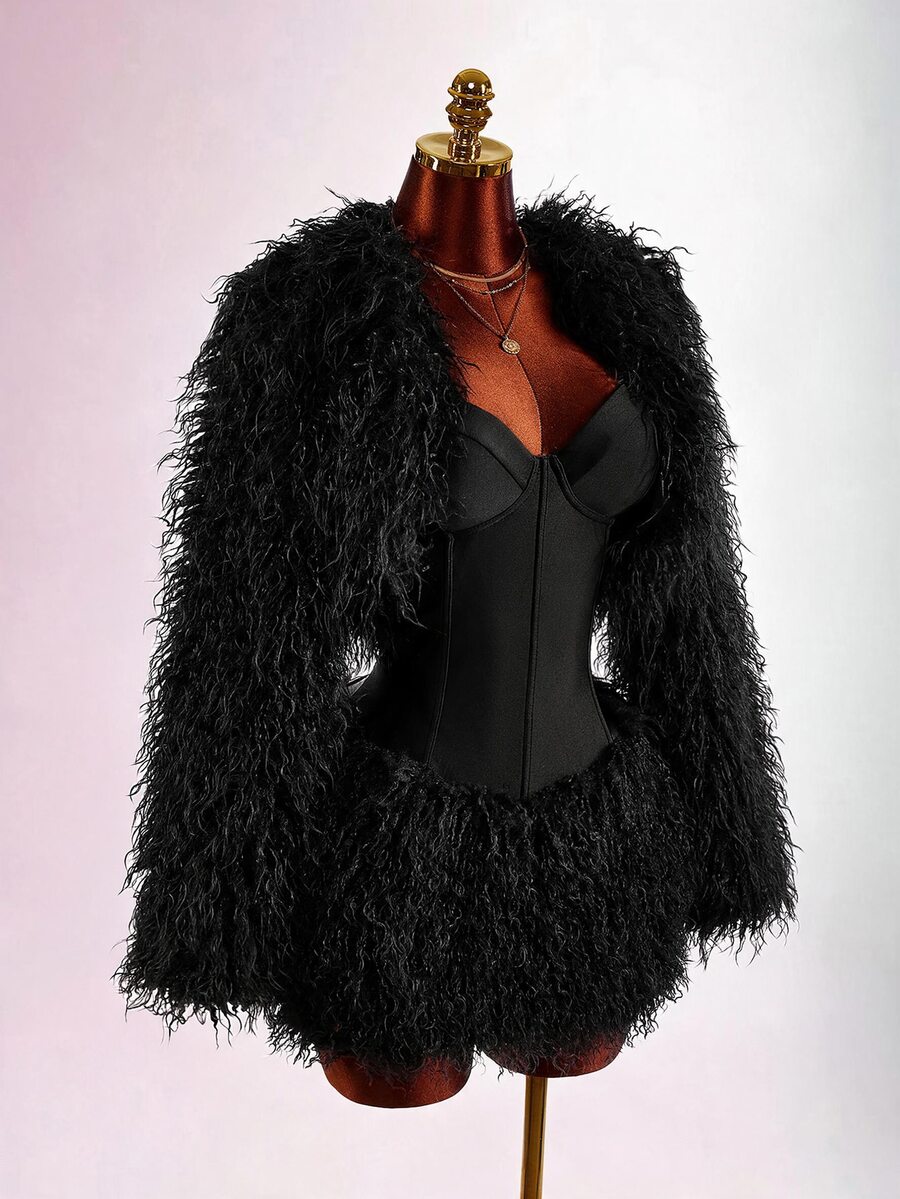 Amplova Women's Cropped Shawl Collar Wool Top, Sexy Avant-Garde Mini Jacket, Suitable For Autumn/Winter Party And Date Outfits - Black - View 1