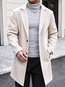 Manfinity CasualCool Men's Solid Color Pocket & Button Front Long Sleeve Overcoat, Autumn Fall, Winter Ceremony - Apricot - View 3