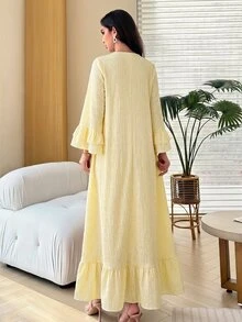 SHEIN Najma 女款菱形領紋理波點布料荷葉邊袖口七分袖大裙擺阿拉伯風洋裝 - 黃色 - 查看 2