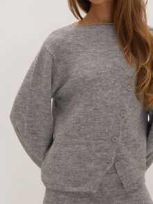 MUSEYN Grey Knit Asymmetric Button Sweater Versatile Everyday Casual Chic Date Night New Season Fall Cosy - Grey - View 3