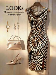 GlowEve CURVE Plus Size Sleeveless Bodycon Midi Dress For Women, Side Pearl Button Ruched Slit Fitted Evening Gown, Elegant Draped Office Party Dress - Multicolor - View 1