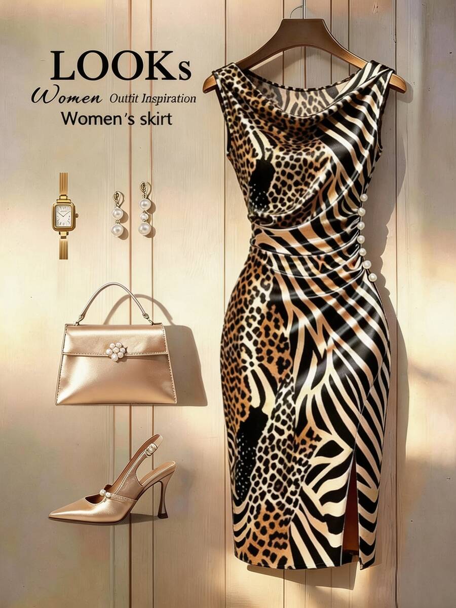 GlowEve CURVE Plus Size Sleeveless Bodycon Midi Dress For Women, Side Pearl Button Ruched Slit Fitted Evening Gown, Elegant Draped Office Party Dress - Multicolor - View 1