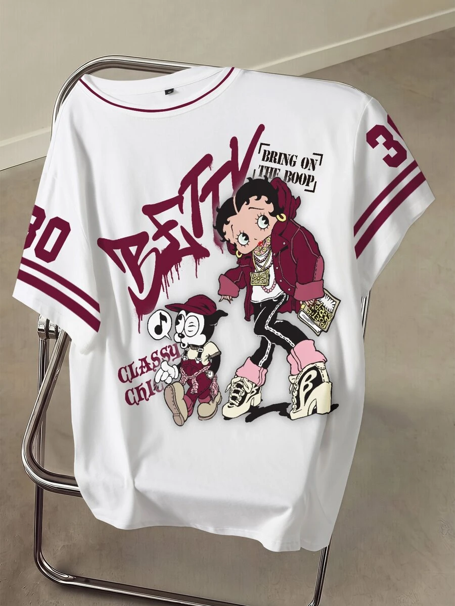 Betty Boop x SHEIN Plus Size Women's Letter Cartoon Print Round Neck Short Sleeve Casual T-Shirt - White - View 1