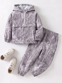SHEIN 2件組兒童小男孩休閒日常百搭舒適拼接連帽半拉鍊套頭寬鬆長袖外套與寬鬆慢跑長褲梭織套裝，適合學校、花園、海灘、生日 - 彩色 - 查看 3