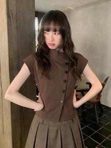 Comfortcana Women's Fashion Versatile Asymmetrical Button Trench Coat Jacket Street Style Elegant Teachers' Day Office Brown Autumn - Brown - View 8
