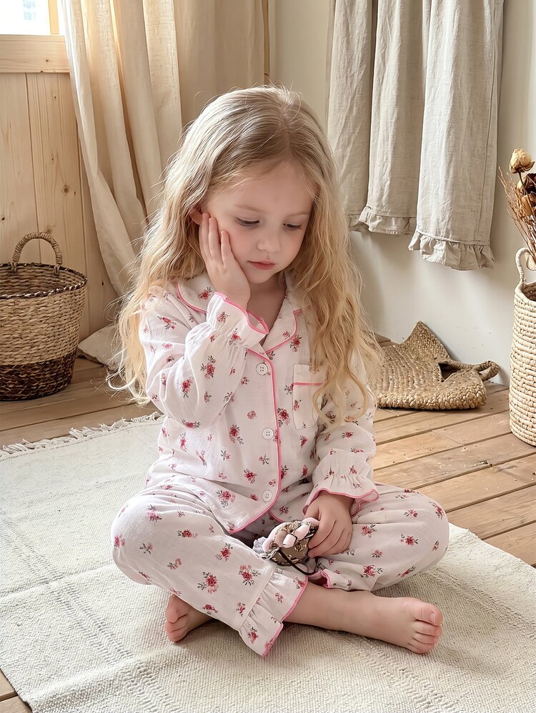 Girls Sweet Cute Elegant Casual Daily Comfortable Soft Woven Bubble Crinkle Fabric Apricot Red Ditsy Floral Patchwork Ruffle Trim Pink Piping Open Front Collar Long Sleeve Top With Pants Pajama Set Loungewear 2 Pieces - Apricot - View 9