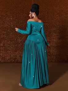 Maweii Plus Size Women's Elegant Party Elegant Rhinestone Round Neck Long Sleeve Slim Fit Flattering Solid Color Dress - Green - View 4