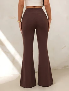 SHEIN PETITE 女款純色高腰休閒百搭日常喇叭褲 - 棕色 - 查看 2