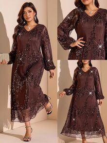 SHEIN LUNE Plus Size Women Solid Color Sequin V-Neck Lantern Sleeve Elegant Dress - Brown - View 5
