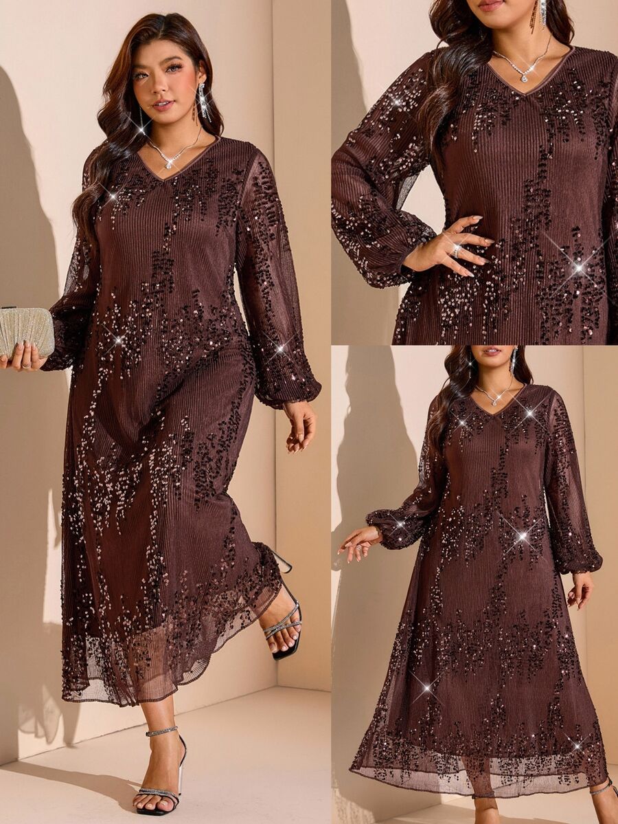 SHEIN LUNE Gaun Elegan Wanita Ukuran Plus Warna Polos Berpayet dengan Leher V dan Lengan Lentera - Coklat - View 1