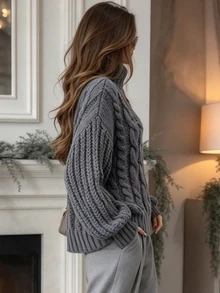 SHEIN Women's Loose High Neck Long Sleeve Cable Knit Sweater, Dark Grey, Slouchy, Autumn/Winter Outerwear - Grey - View 4