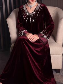 Al Najma Women's Autumn Winter VNeck Beaded Burgundy Velvet Elegant Dress Velvet Burgundy Vintage Fall/Winter Christmas New Year - Burgundy - View 3