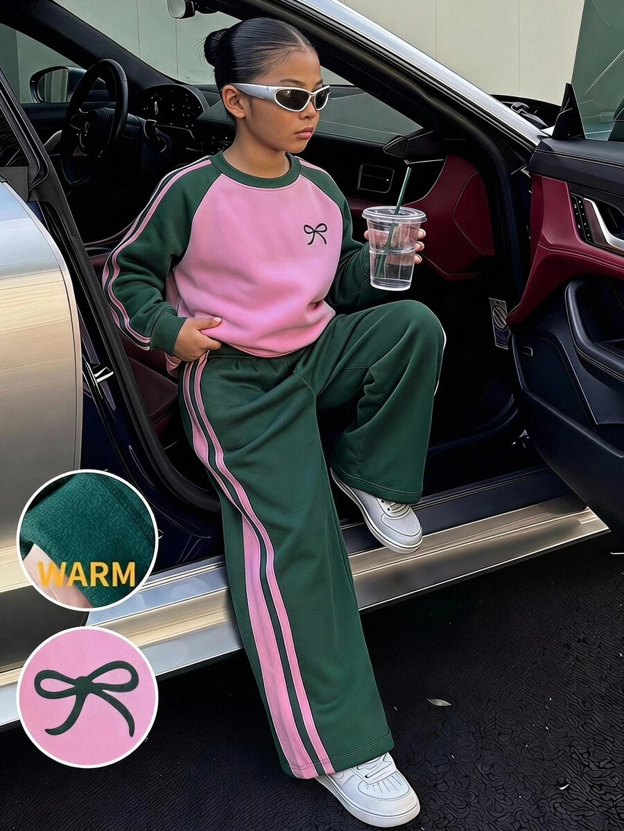 SHEIN Tween女孩蝴蝶結圖案拼接色圓領長袖衛衣寬腿褲套裝 側邊貼條條紋運動休閒兩件套服飾 - 綠色 - 查看 1