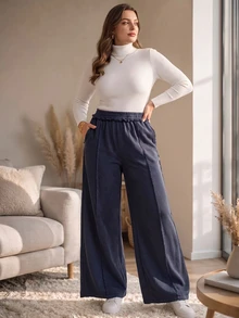 Rosumi Women's Plus Size Solid Color Casual Daily Wear Long Pants Fall Winter 2026 Loose-Fitting Dark Blue Washed Trousers - Blue - View 8