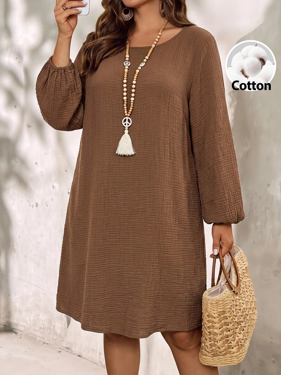 EMERY ROSE Plus Size Brown Textured Round Neck Long Sleeve Dress Elegant Formal Fall Winter 2026 - Brown - View 1