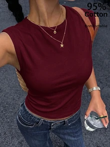 Siren Gaze 95%棉女款休閒修身背心，女款日常穿著，女款夏季穿搭 - 酒紅色 - 查看 6