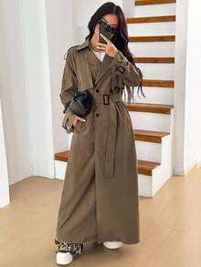 SHEIN EZwear 女款休閒法式優雅日常春秋款翻領雙排扣長版風衣 教師節辦公穿搭卡其色 - 棕色 - 查看 4