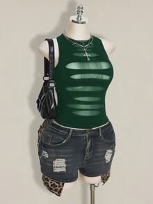 SHEIN ICON 大尺碼 Y2K 哥德風透明破洞性感細肩帶上衣 女款黑色透視網紗上衣 約會之夜 雞尾酒會 夏季 - 墨綠色 - 查看 4