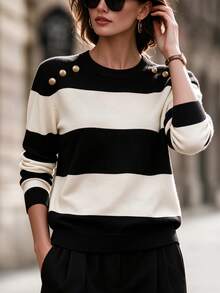 Balvessa Women's Autumn/Winter Striped Long Sleeve Sweater With Shoulder Button Design - Black - View 4