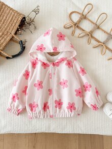SHEIN 女嬰秋冬可愛花卉圖案燈芯絨連帽保暖內裡夾克 - 淺粉色 - 查看 4