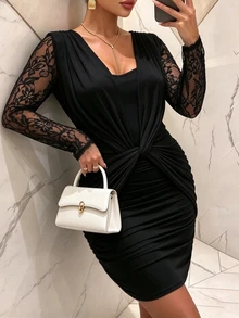 Cravure فستان حفلة نسائي مقاس كبير أنيق ضيق مع تجاعيد وتطريز دانتيل مرقع للخريف/الشتاء - الأسود - مشاهدة 6