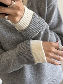 FRIFUL Women's Faux Two-Piece Patchwork Casual Daily Long Sleeve Sweater - Grey - View 3