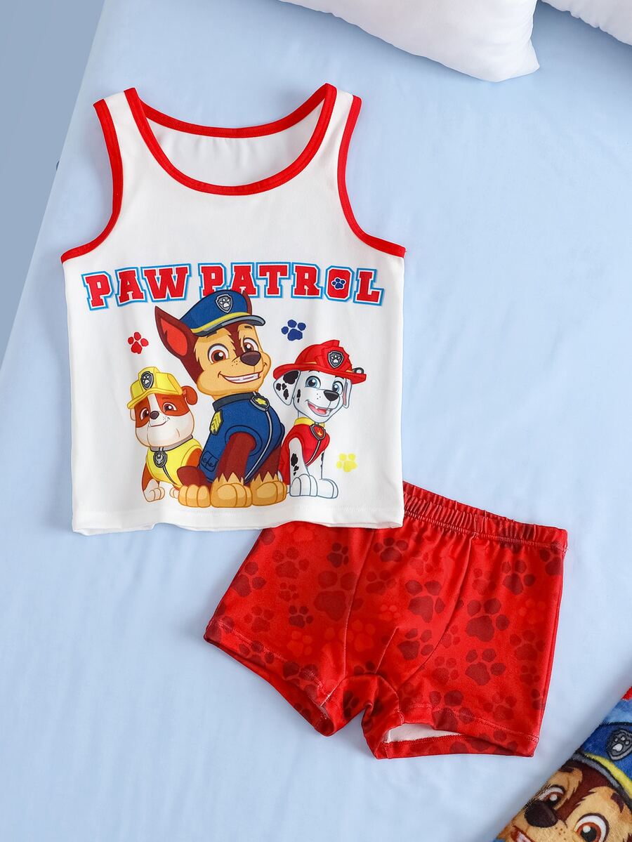 SHEIN | PAW Patrol Young Boy Cartoon Print Tank Top And Shorts Underwear Set - Red and White - View 1