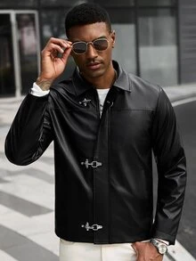 Manfinity CasualCool جاكيت جلد كاجوال للرجال مع إبزيم طائرة - الأسود - مشاهدة 7