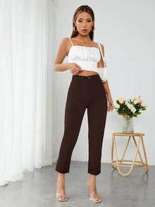 SHEIN PETITE 高腰壓褶錐形黑色夏季長褲，適合嬌小女性 - 咖啡棕 - 查看 4