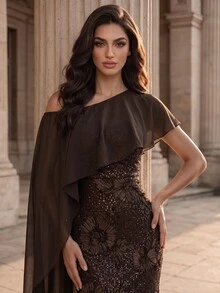 Coutiva Women's Asymmetrical Shoulder Mesh Patchwork Jacquard Elegant Waist-Cinched Evening Dress - Coffee Brown - View 3