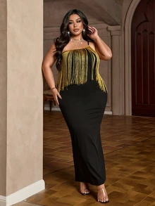 NU&NOW Plus Size Elegant Glamorous Gold Tassel Patchwork Spaghetti Strap Maxi Evening Gown - Black - View 6