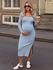 SHEIN Maternity Striped Square Neck Long Sleeve Side Slit Hem Casual Dress Fall - Blue and White - View 3
