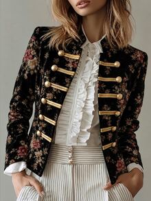 Linavere Áo blazer nhung hoa vintage nữ xuân/thu, áo khoác ngắn phong cách cung đình nút vàng, thanh lịch cho đi làm hàng ngày, hẹn hò và tiệc tùng - Nhiều màu - Xem 1