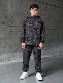 SHEIN 大童男孩 2件套－拉鍊連帽外套與抽繩長褲，休閒運動風，適合秋冬 - 彩色 - 查看 1