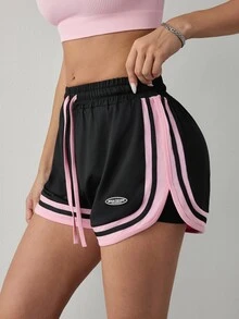 SHEIN Dewbera Women's Casual Sports Shorts, Colorblock Trim Drawstring Elastic Waist, Side Slit Loose Fit For Casual Running And Daily Fitness - Multicolor - View 1