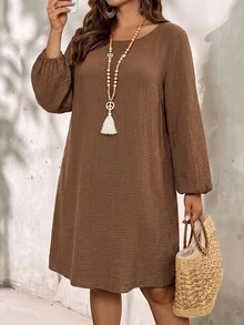EMERY ROSE Plus Size Brown Textured Round Neck Long Sleeve Dress Elegant Formal Fall Winter 2026 - Brown - View 7