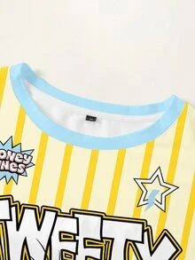 LOONEY TUNES X SHEIN Plus Size Women's Letter Striped Round Neck Short Sleeve Casual T-Shirt - White - View 3