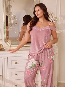 MuseNap CURVE Plus Size Asymmetrical Shoulder Spaghetti Strap Lace Top & Printed Long Pants Loose Loungewear Set For Women, Autumn/Winter - Multicolor - View 1