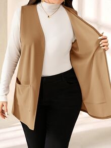 SHEIN PETITE CURVE 大尺碼純色無袖寬鬆口袋簡約休閒外套，春夏穿搭，秋冬度假款 - 駝色 - 查看 4