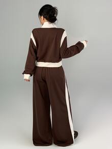 DAZY Women's Colorblock Long Sleeve Top And Pants Casual Daily Sports Set - Brown - View 4