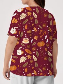 PopScrub Pumpkin Leaf Coffee Print Khaki Plus Size Nurse Uniform, V-Neck Short Sleeve Pocket Split Workwear Top, All Seasons Inner & Outerwear, Autumn Vibe - Multicolor - View 2