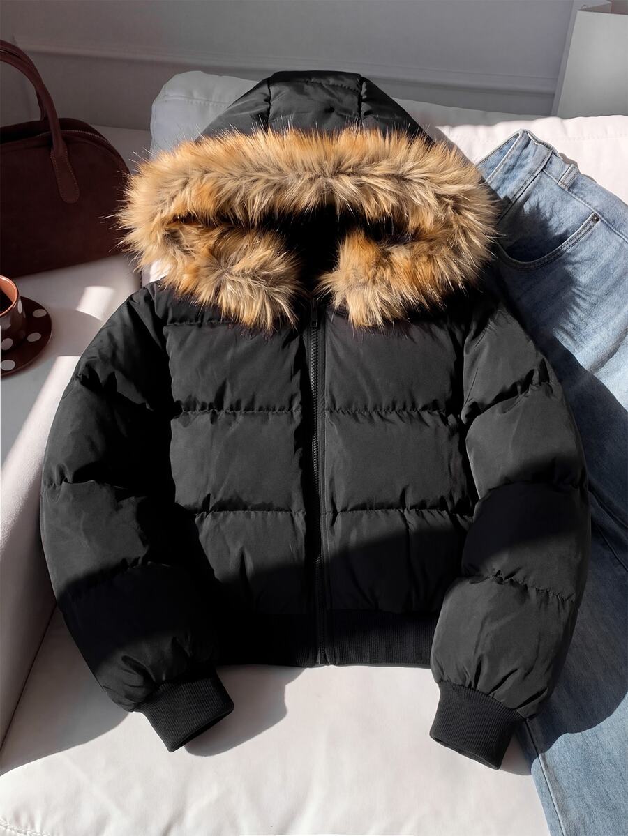 SHEIN 青少年女孩極簡風大廓型毛絨裝飾連帽加厚外套 黑色蓬蓬羽絨夾克 秋冬款 - 黑色 - 查看 1